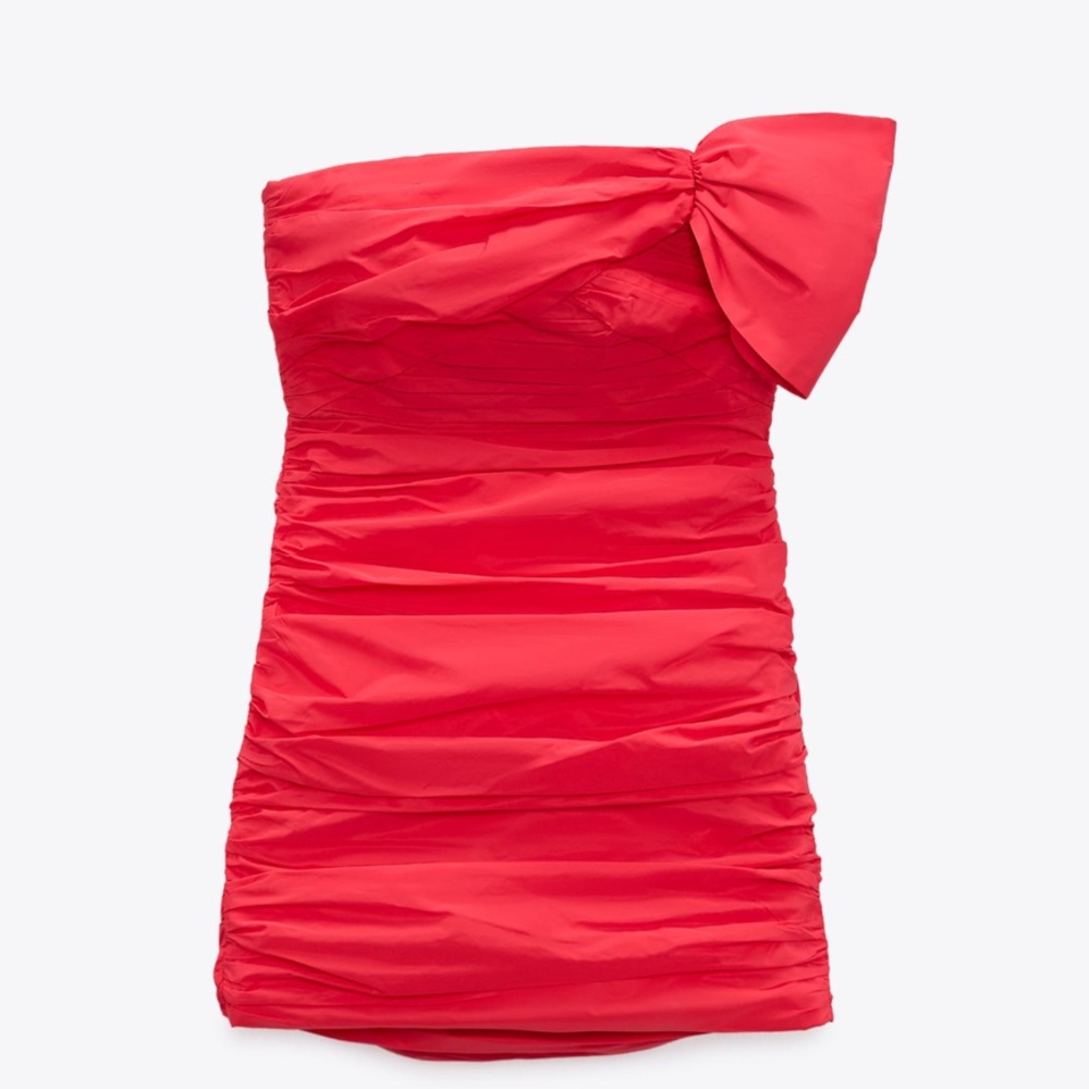 Zara Strawberry Red Ruched Mini Dress with Bow “Bloggers Fave” - Picture 4 of 11